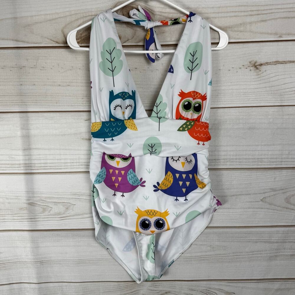 White Multicolor Owl Print Halter Top One Piece Swimsuit Size XL